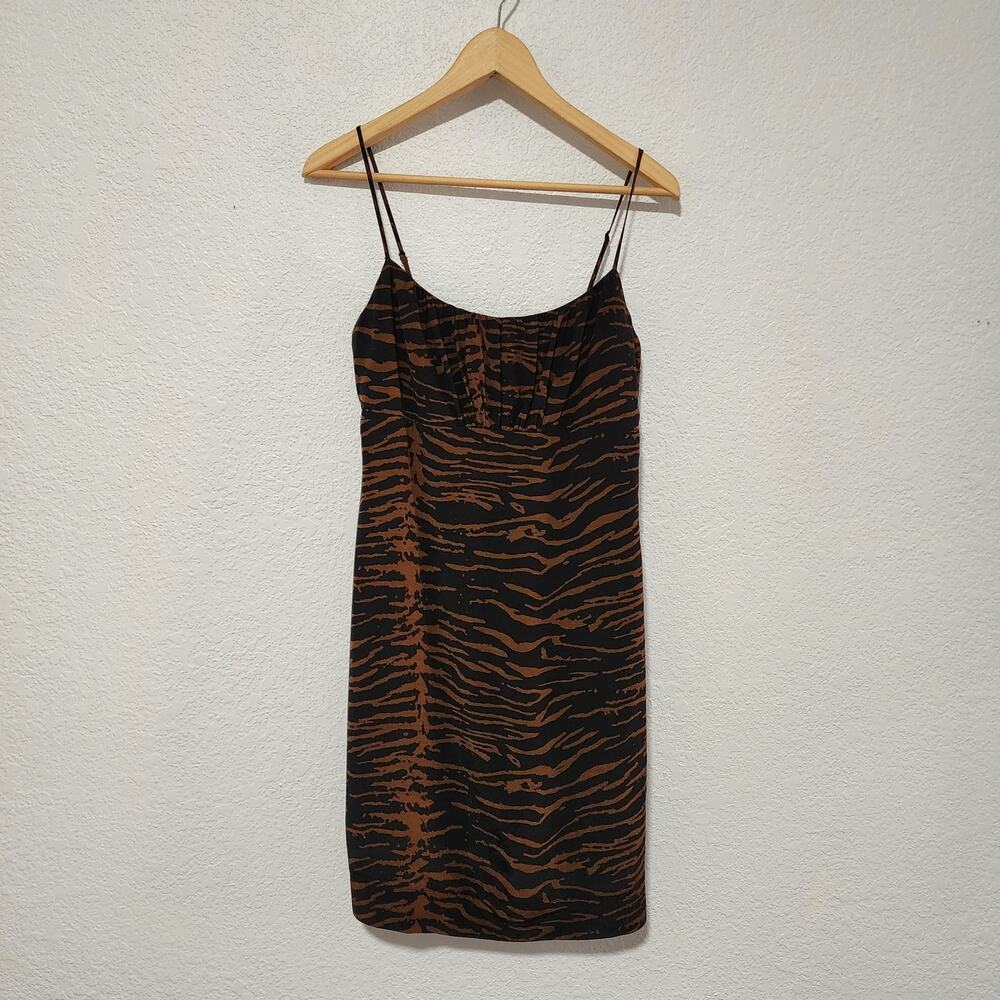 Staud Tiger Print Mini Slip Dress Brown Black Ruched Bust Cami Small Y2K